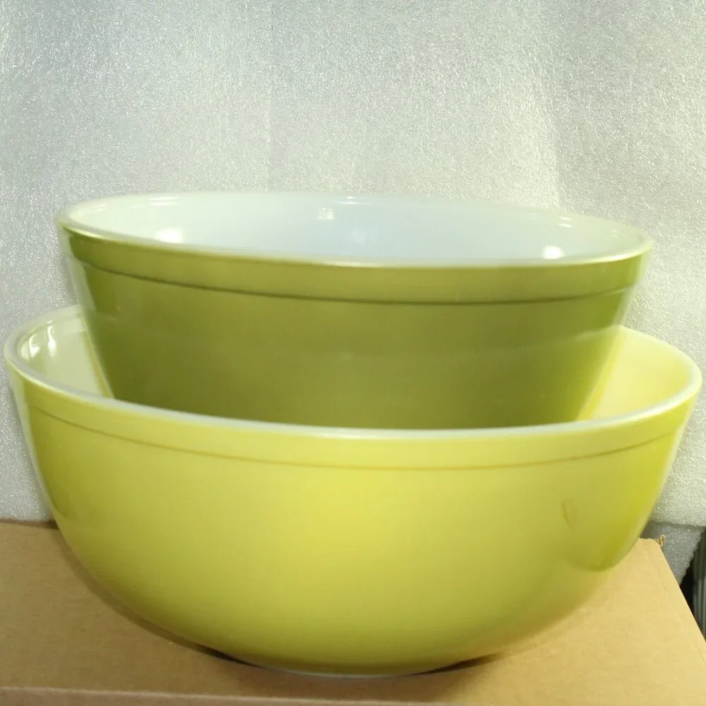 Pyrex Set 2 Vintage Verde Green Avocado Yellow Nesting Mixing Bowls  403 404